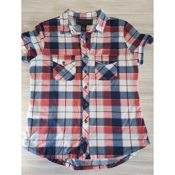 Polly Esther Plaid Shirt L – Red Blue Check, Short Sleeve Button-Up - Picture 3 of 6